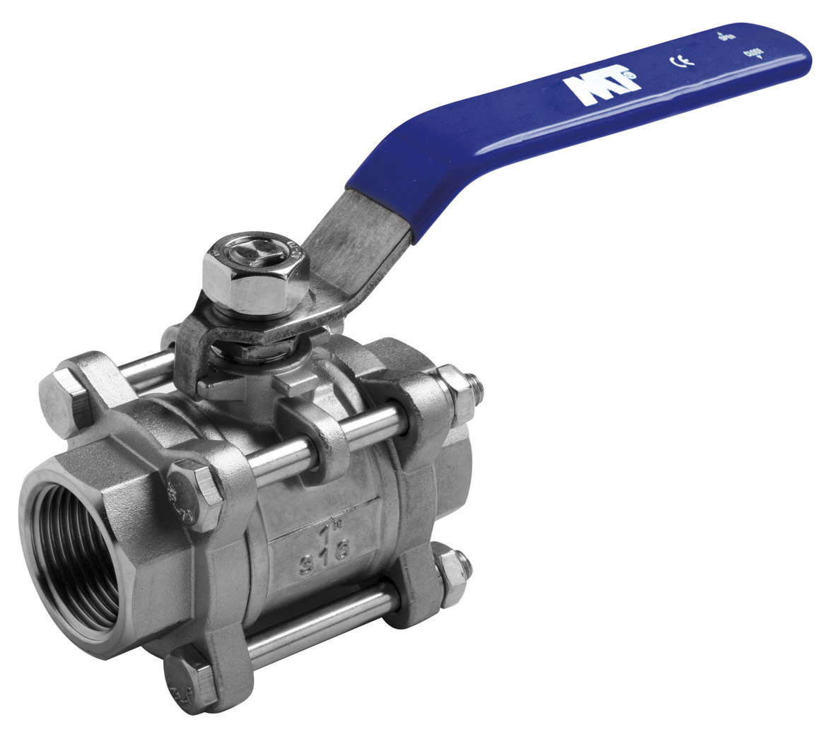 Three-Piece Stainless Steel Ball Valve F-F NPT Threaded End Blue Handle