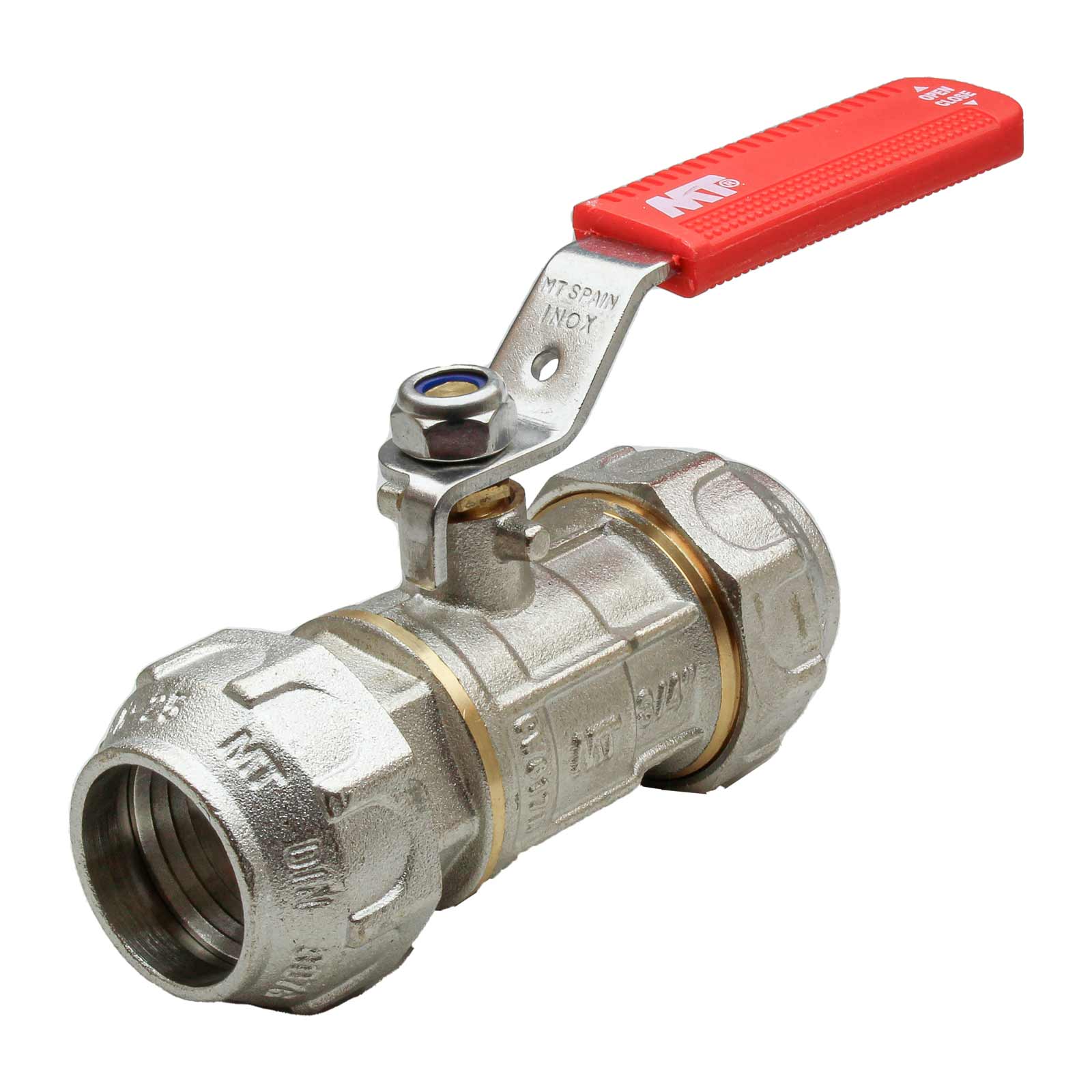 PE-PE PN30 Ball Valve Compression Connection for Polyethylene Pipe With Ergonomic Stainless Steel Handle Color Red