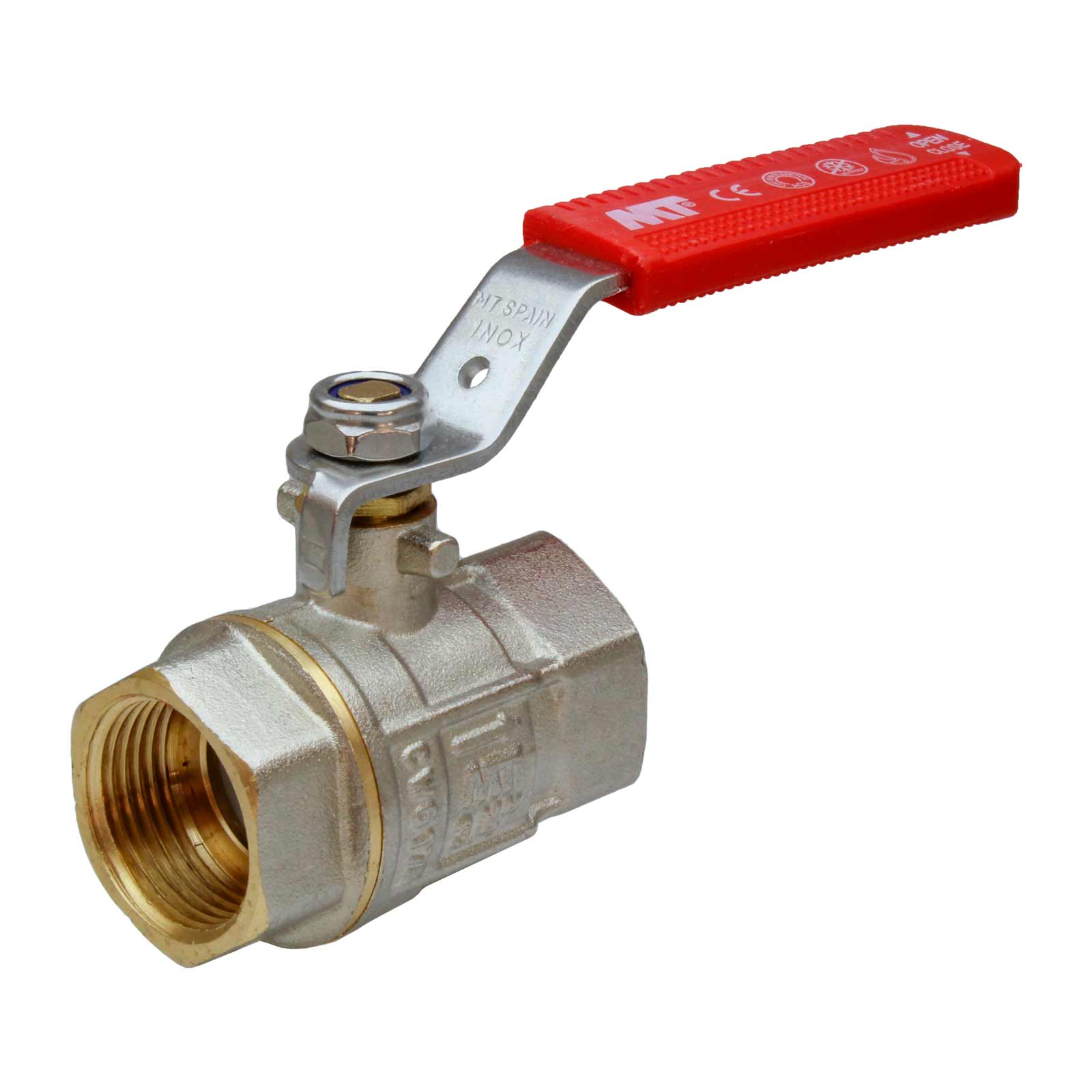 F-F Brass Ball Valve PN30 Full Bore Red Ergonomic Stainless