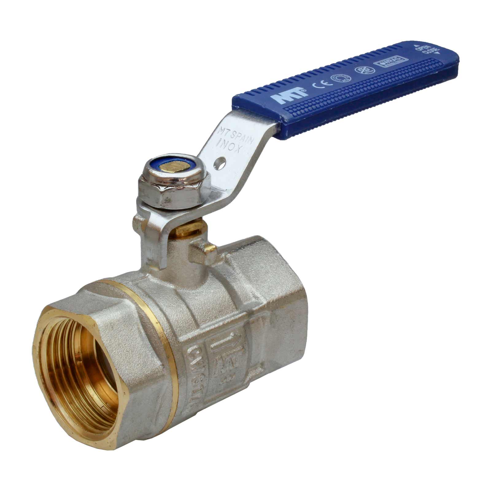 F-F Brass Ball Valve PN30 Full Bore Blue Ergonomic Stainless